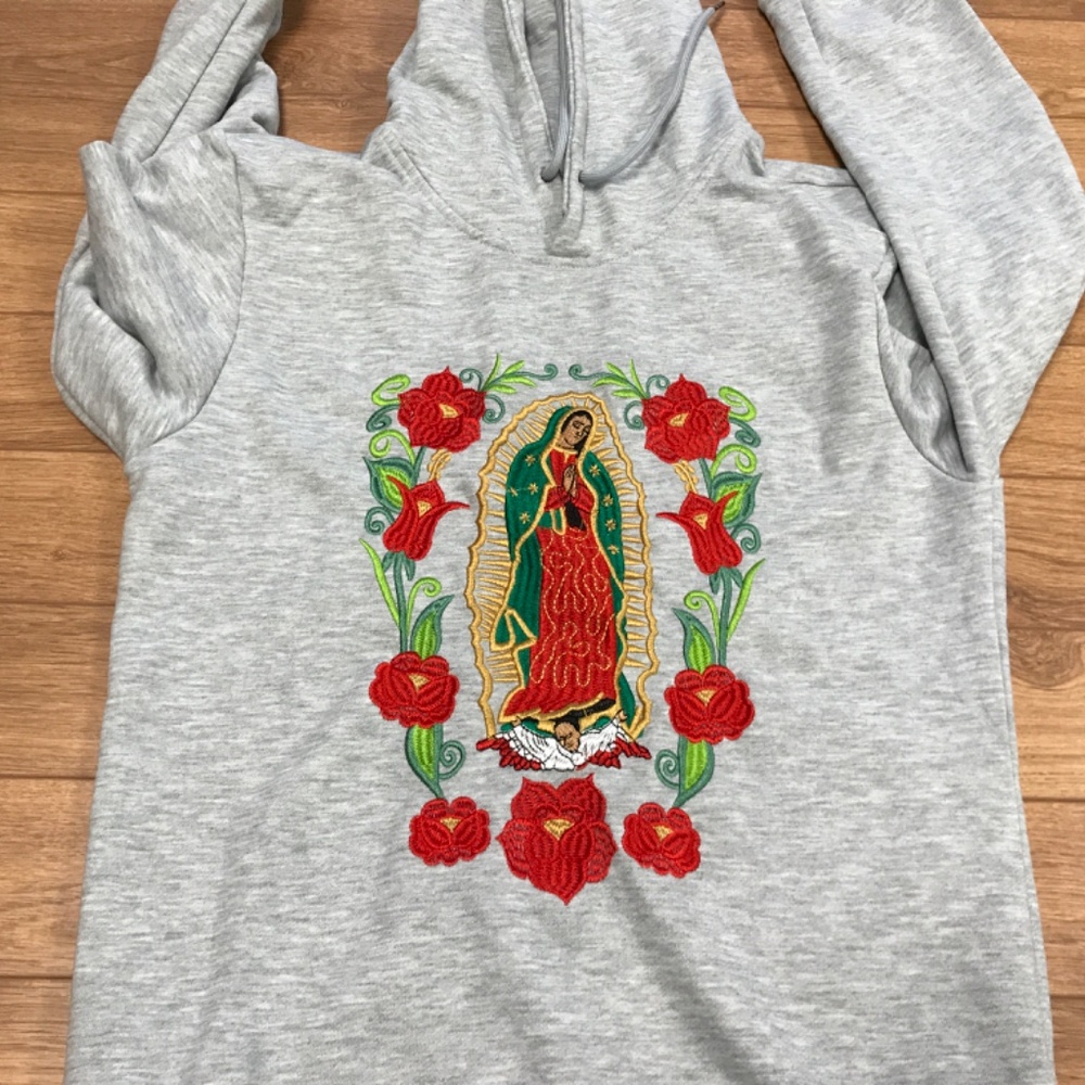 Virgin Mary Guadalupe Embroidered Gray Hoodie Roses Streetwear Mens Womens